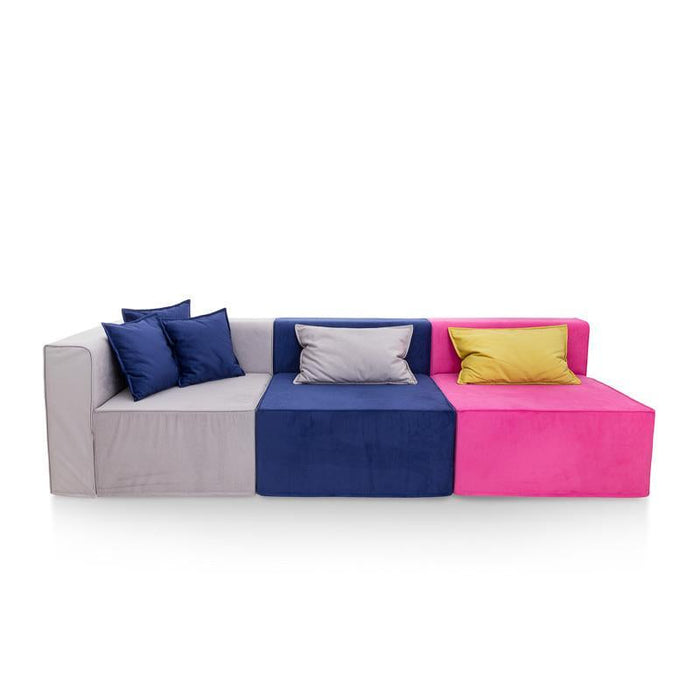 Magia Divano Doppia Poltrona Fucsia E Blu Con Angolo Grigio, Cuscini Grigio E Verde, 3 Cuscini Blu - Tessuto Softhand - Avalon