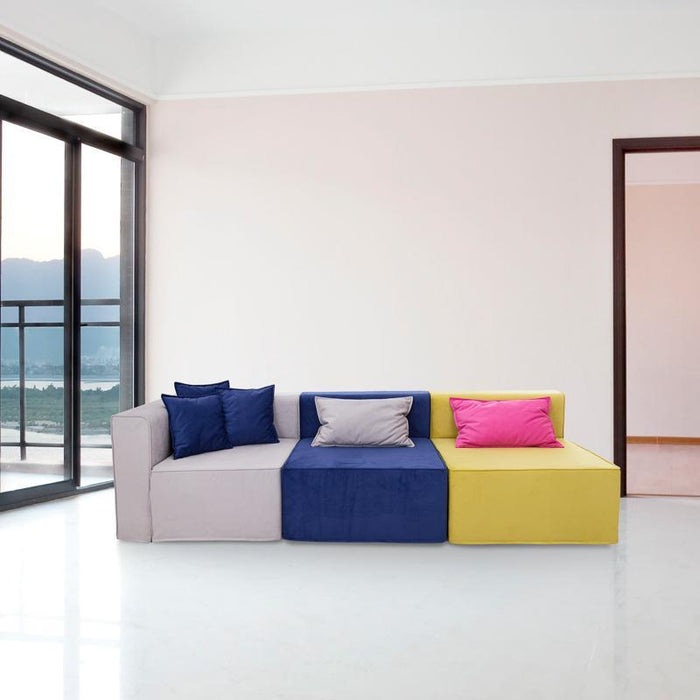 Magia Divano Doppia Poltrona Fucsia E Blu Con Angolo Grigio, Cuscini Grigio E Verde, 3 Cuscini Blu - Tessuto Softhand - Avalon