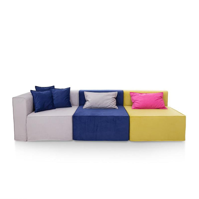 Magia Divano Doppia Poltrona Fucsia E Blu Con Angolo Grigio, Cuscini Grigio E Verde, 3 Cuscini Blu - Tessuto Softhand - Avalon