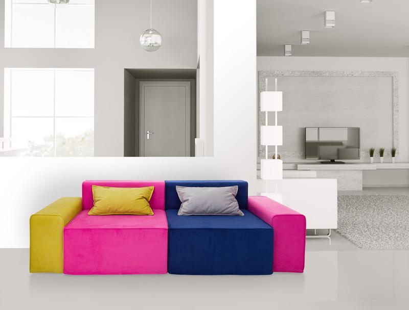 Magia Divano Doppia Poltrona Fucsia E Blu Con Due Braccioli Fucsia E Verde, Cuscini Grigio E Verde - Tessuto Softhand - Avalon