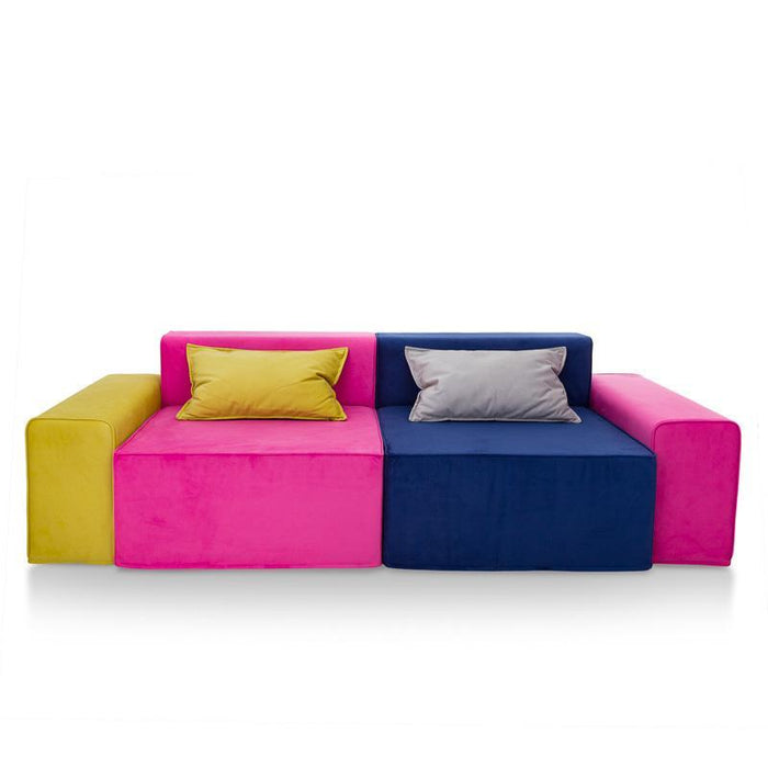 Magia Divano Doppia Poltrona Fucsia E Blu Con Due Braccioli Fucsia E Verde, Cuscini Grigio E Verde - Tessuto Softhand - Avalon