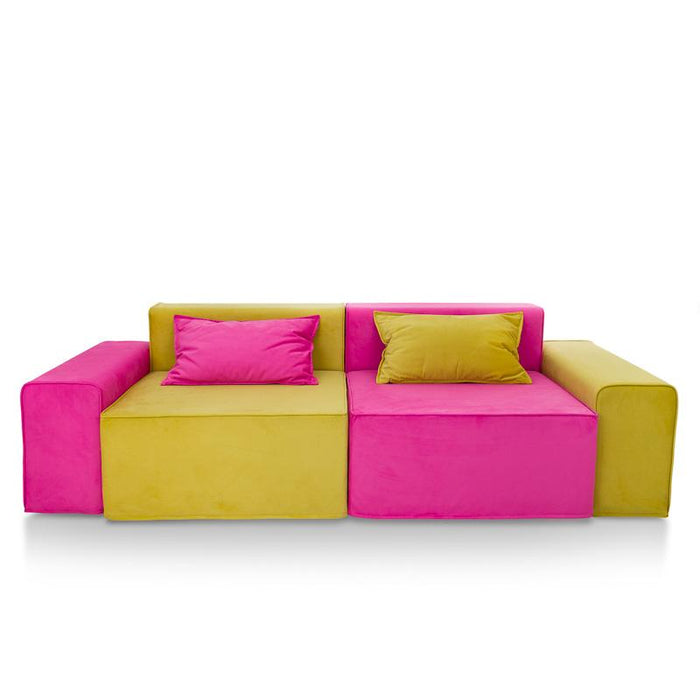 Magia Divano Doppia Poltrona Fucsia E Blu Con Due Braccioli Fucsia E Verde, Cuscini Grigio E Verde - Tessuto Softhand - Avalon