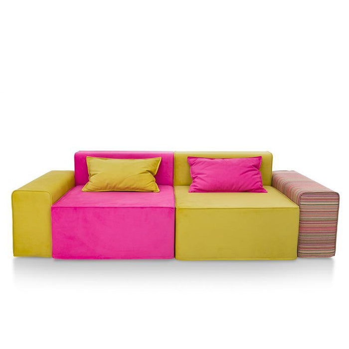 Magia Divano Doppia Poltrona Fucsia E Blu Con Due Braccioli Fucsia E Verde, Cuscini Grigio E Verde - Tessuto Softhand - Avalon