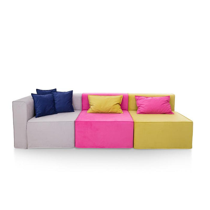 Magia Divano Doppia Poltrona Fucsia E Blu Con Angolo Grigio, Cuscini Grigio E Verde, 3 Cuscini Blu - Tessuto Softhand - Avalon