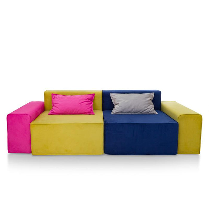 Magia Divano Doppia Poltrona Fucsia E Blu Con Due Braccioli Fucsia E Verde, Cuscini Grigio E Verde - Tessuto Softhand - Avalon