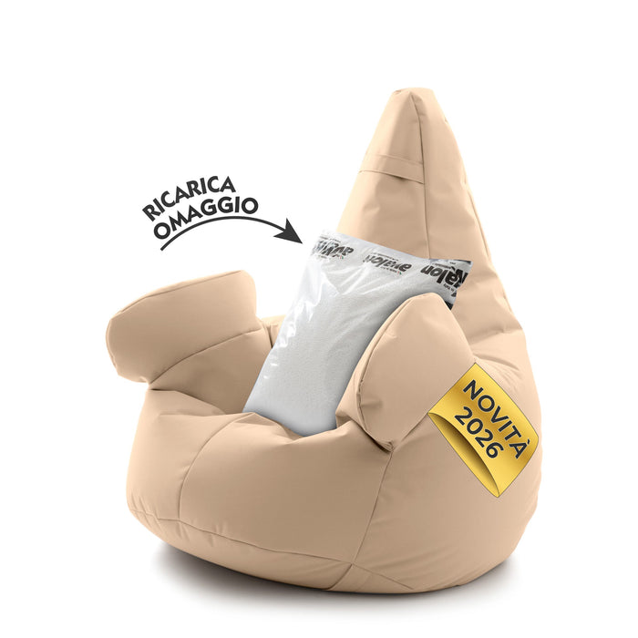 Pouf poltrona sacco Grande con braccioli Ploof, sfoderabile con sacca interna, Avalon in tessuto poliestere Jive per interno Imbottito, Antistrappo, Impermeabile Dim: Ø85 x H90 cm