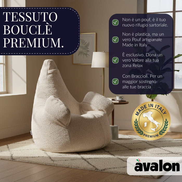Pouf Poltrona Sacco Gigante XL Ploof Avalon in tessuto Bouclè per interno dim. Ø95 x H105 cm