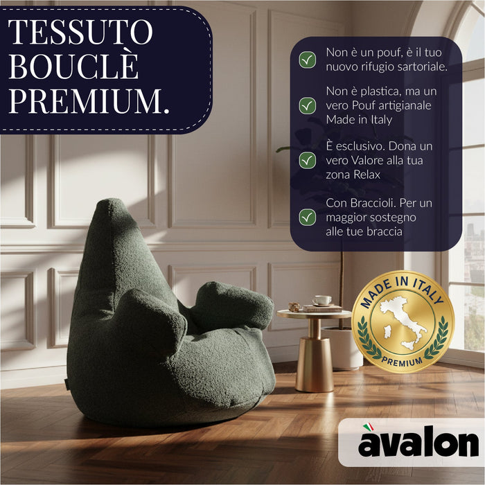 Pouf Poltrona Sacco Gigante XL Ploof Avalon in tessuto Bouclè per interno dim. Ø95 x H105 cm