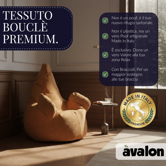 Pouf Poltrona Sacco Gigante XL Ploof Avalon in tessuto Bouclè per interno dim. Ø95 x H105 cm